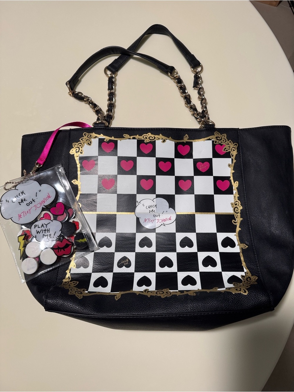 Betsey Johnson Black Tote with Checkerboard & Pink Heart Motif
